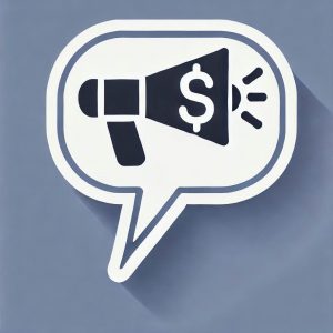 megaphone or a dollar sign inside a speech bubble