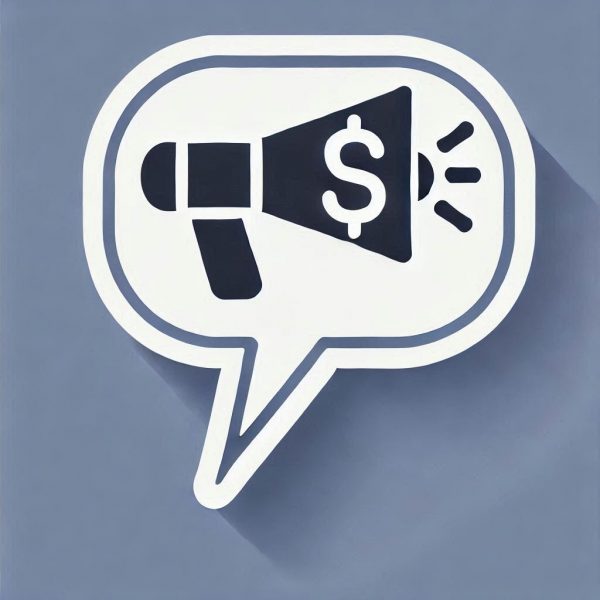 megaphone or a dollar sign inside a speech bubble