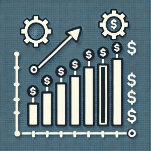 rising bar graph with a gear or money icon