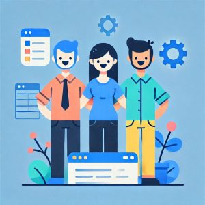 smiling team of developers and small businesses working together
