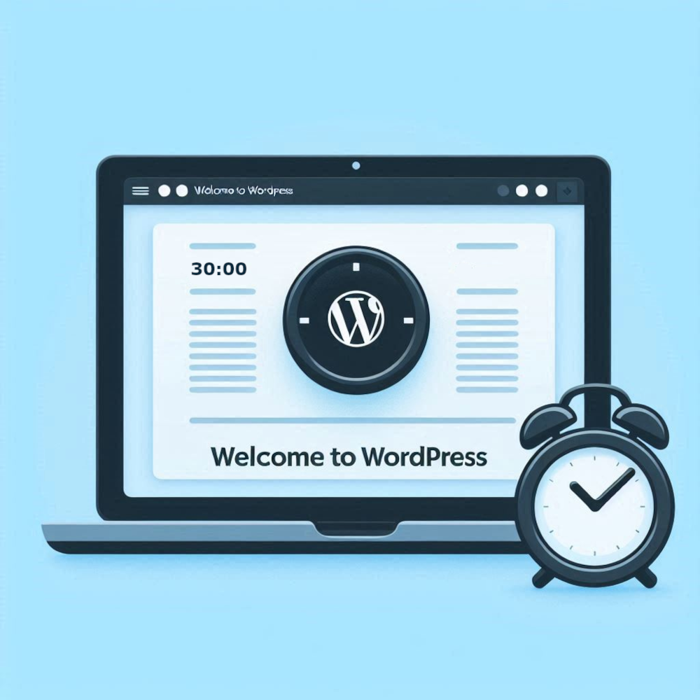 A laptop screen showing the WordPress dashboard with "Welcome to WordPress" displayed, alongside a clock indicating 30 minutes.