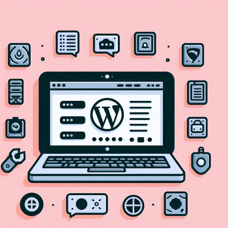 A laptop with the WordPress dashboard open, surrounded by plugin icons