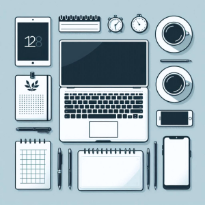 a laptop surrounded by business tools