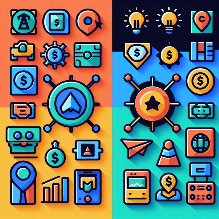 Side-by-side comparison of AdSense and affiliate marketing icons, featuring money symbols, traffic, and product promotion visuals.