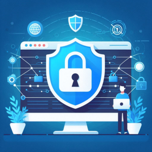 a browser window with a padlock icon, showing HTTPS, shield graphics, and encrypted lines between users and a secure server