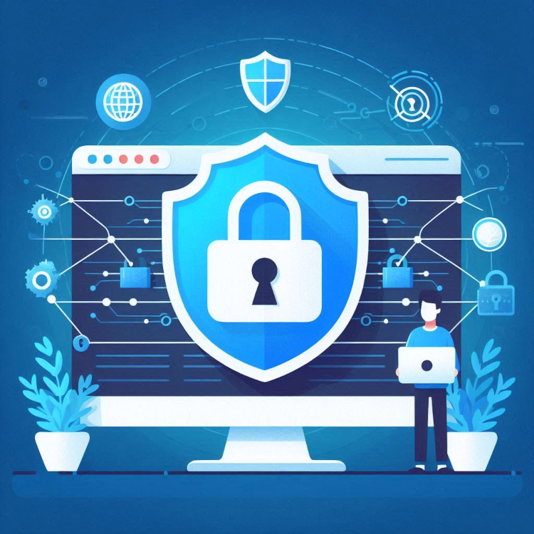 a browser window with a padlock icon, showing HTTPS, shield graphics, and encrypted lines between users and a secure server