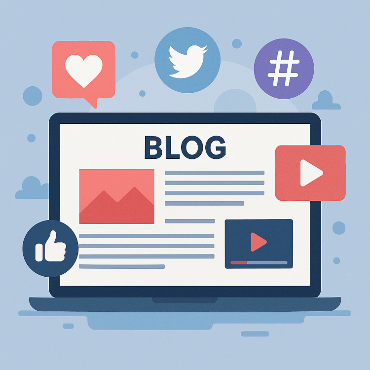 a laptop screen with blog posts, social media icons, and video thumbnails floating around it