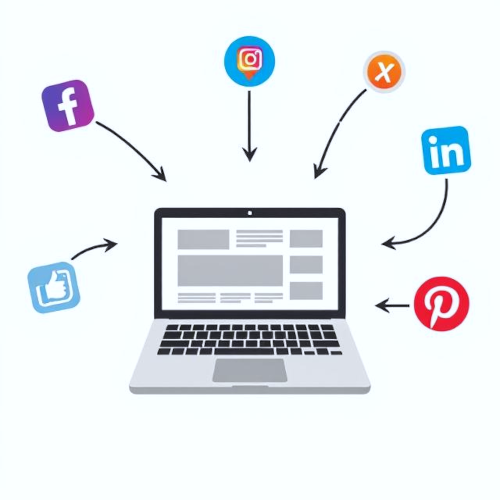 laptop with a website open, surrounded by social media icons