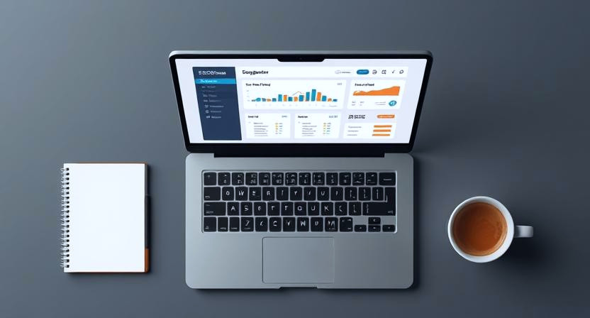 A modern flat-lay photo of a laptop, notebook, and coffee cup with an SEO/blogging dashboard on the screen – symbolising the process of writing and optimising blog content.