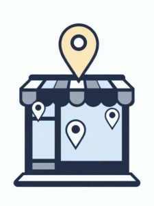A storefront or local business scene with map location pins