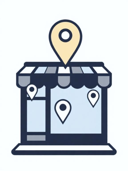 A storefront or local business scene with map location pins